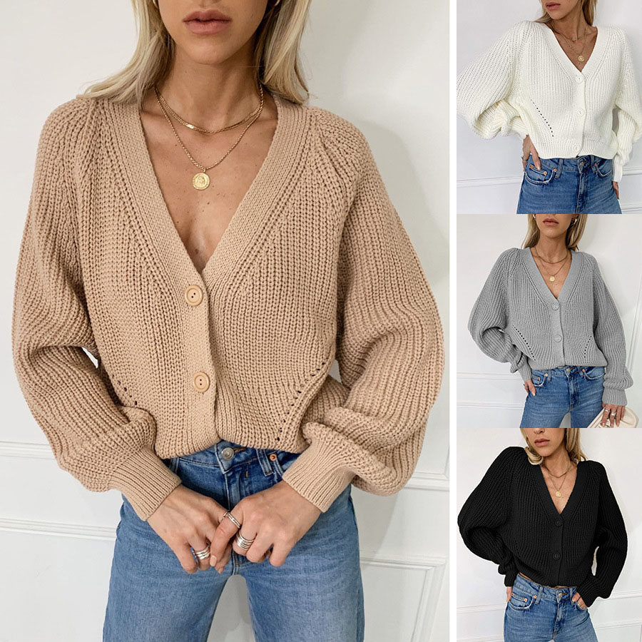 Women's Solid Color V-Neck Lantern Sleeve Button Knit Cardigan Top