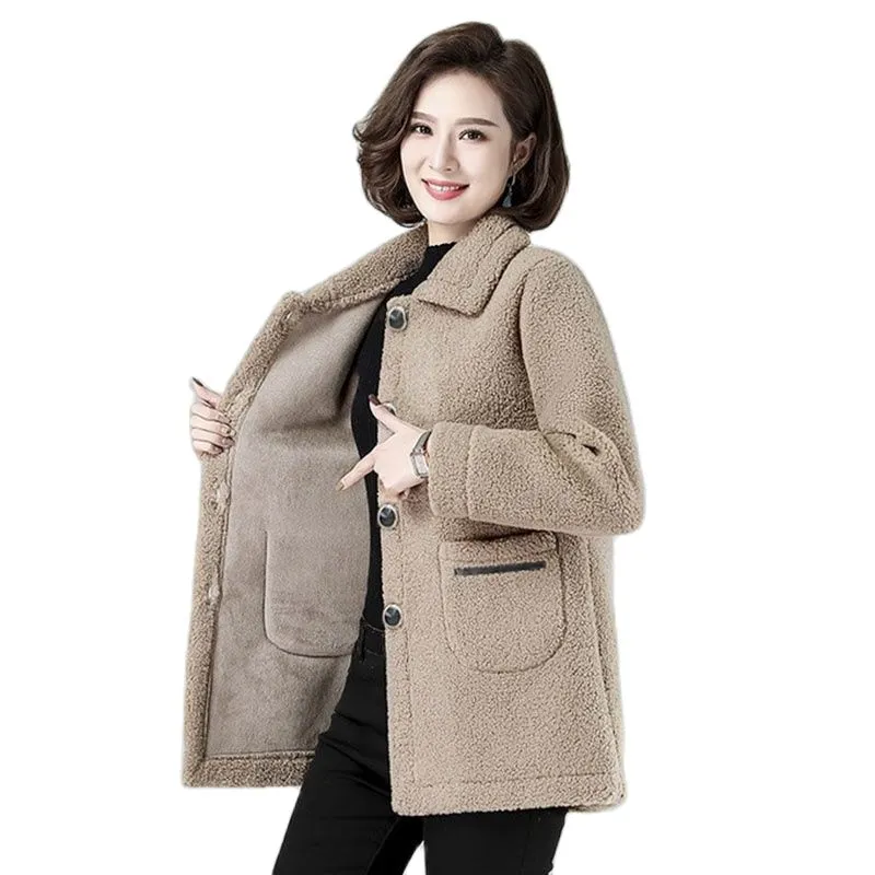Lamb Wool Women's Coat 2023 New Autumn Winter Sheep Shearing Furry Warm Jacket Middle-Aged Elderly Mothers Jacket Outerwear 5XL
