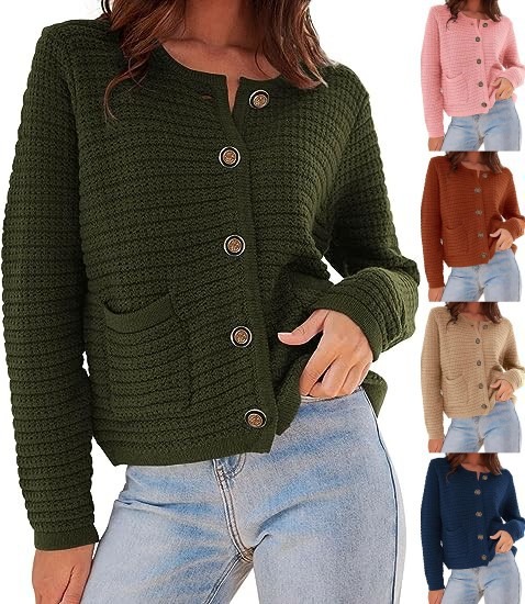 Round neck knitted commuter retro autumn casual cardigan long-sleeved women's clothing