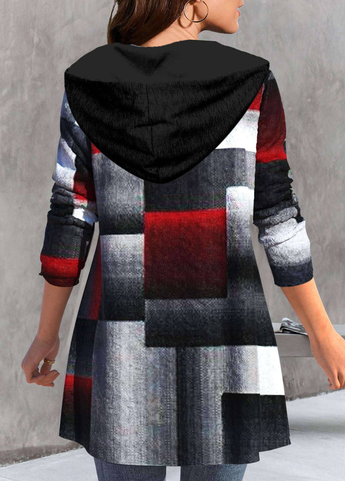 Black Zipper Geometric Print Long Sleeve Hooded Coat