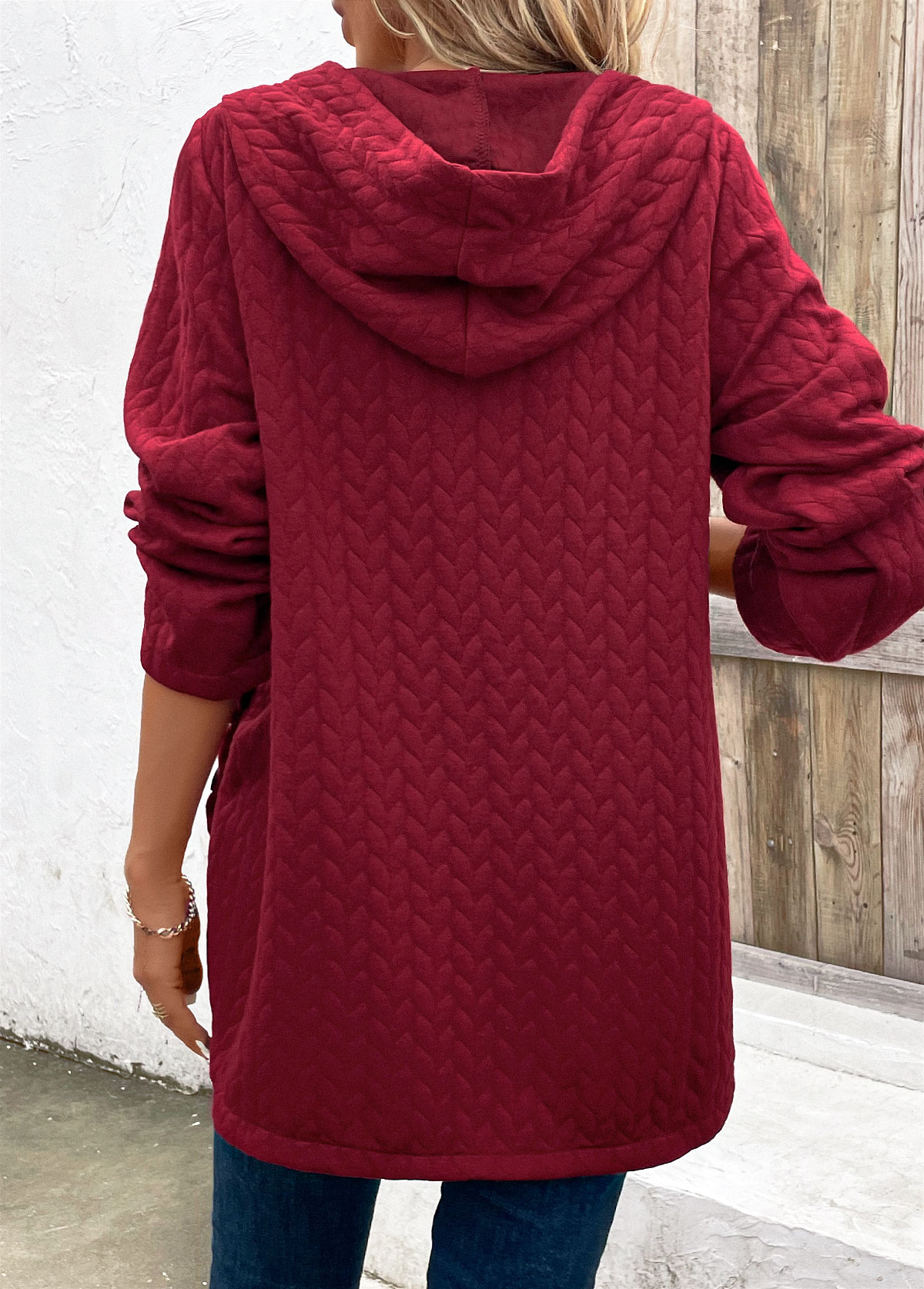 Wine Red Pocket Long Sleeve Hooded Coat