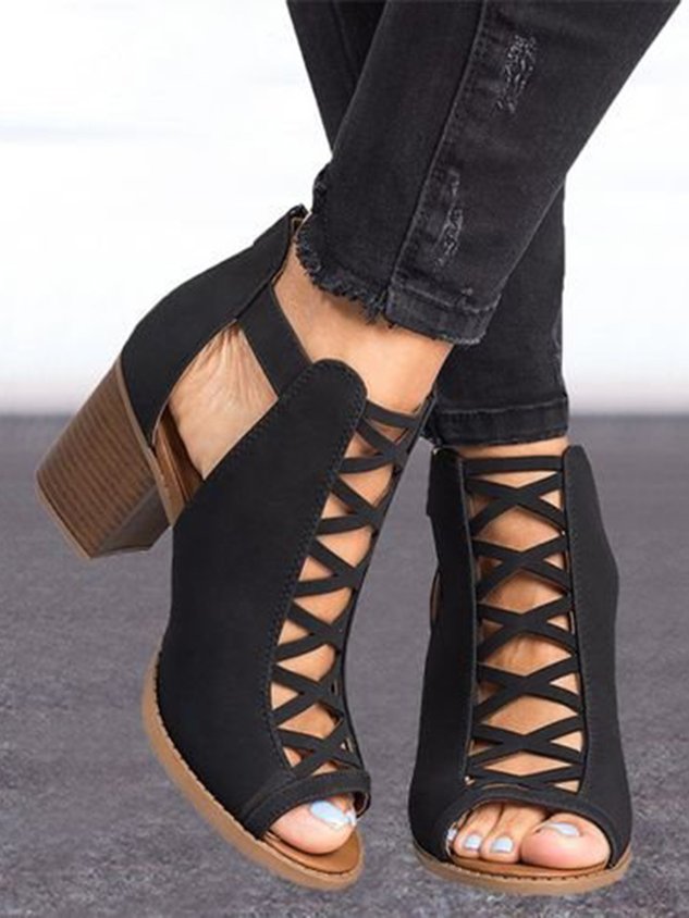 Urban Commuting Simple Hollow Cross Thin Straps Thick-heeled Sandals And Boots
