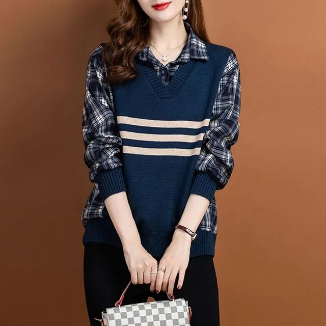England Plaid Blouse Autumn Winter Fake Two Pieces Knitted Patchwork Women's Clothing Loose Commute Polo-Neck Long Sleeve Shirt