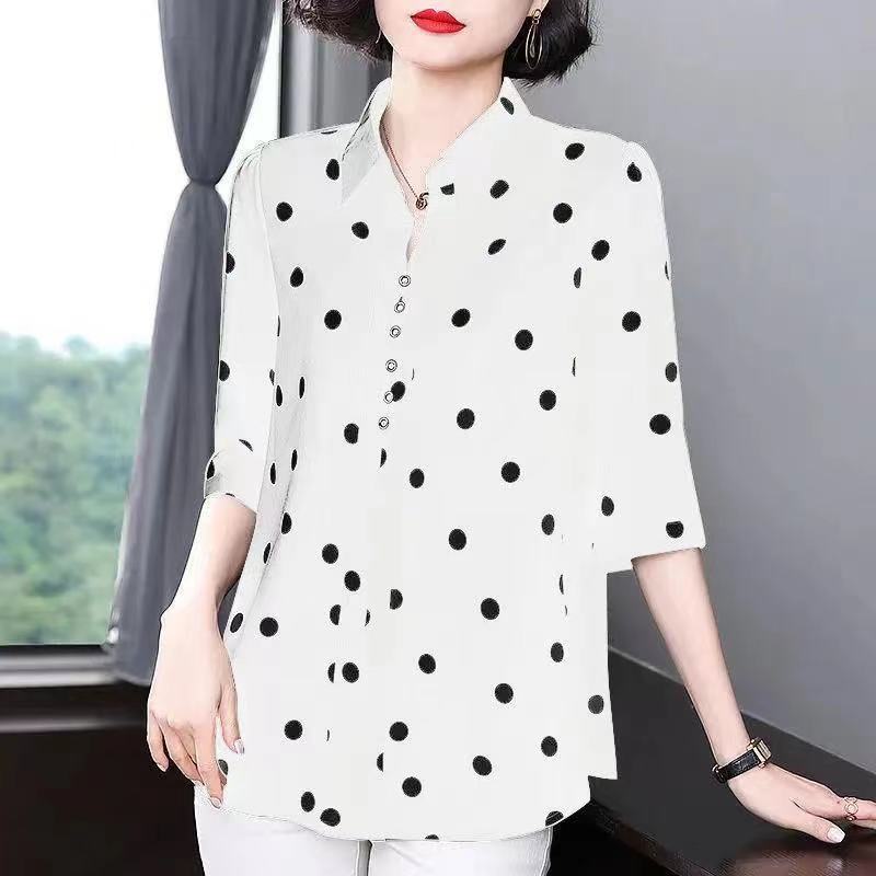 🎀【M-5XL】Μεσομάνικημοντέρνα μπλούζα με πουά και σιφόν για την άνοιξη και το φθινόπωρο του 2022