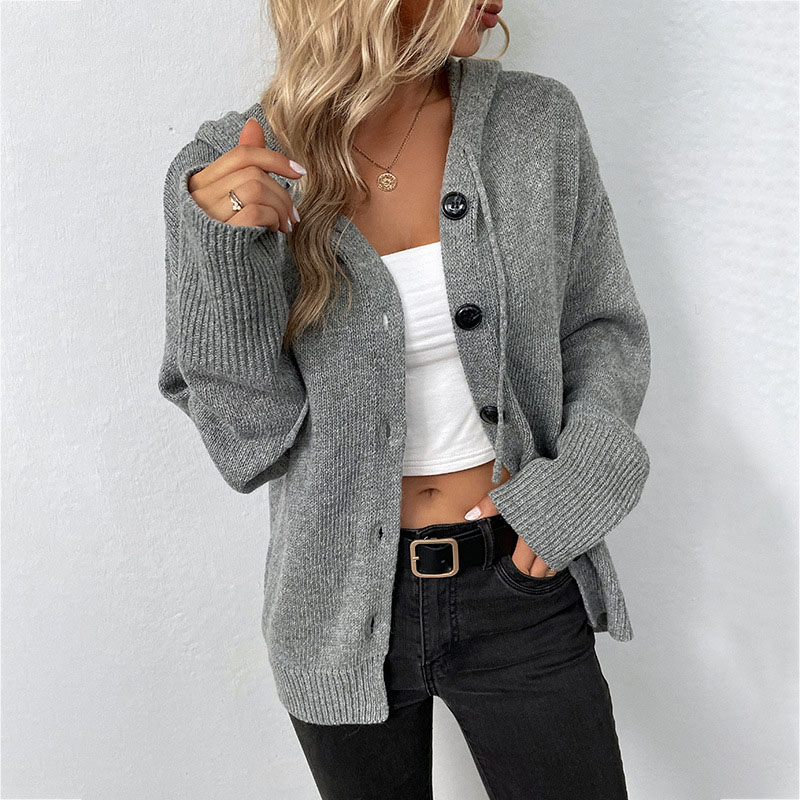 Korean Fashion Autumn Winter Loose Long Sleeved Top Solid Color Hooded Coat V-neck Knit Cardigan