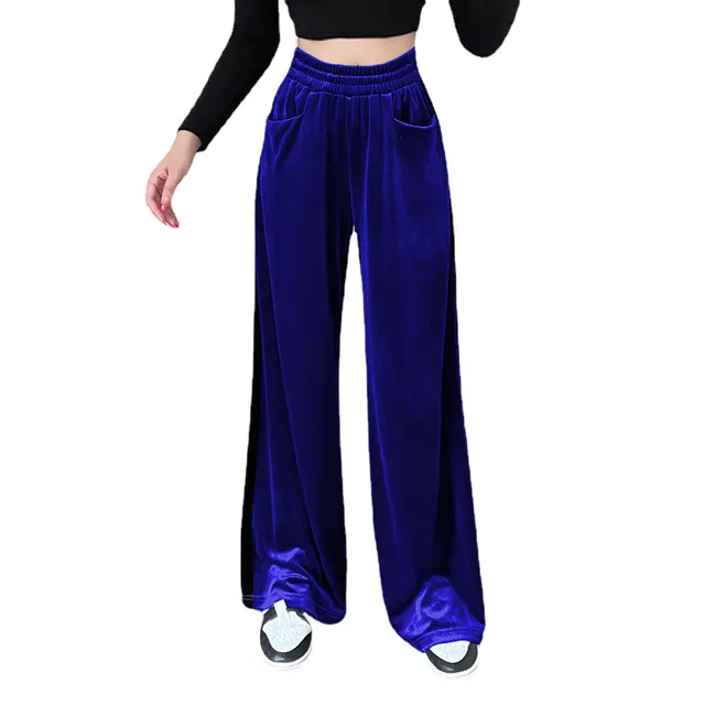 Womens Velvet Pants Wide Leg Y2K Elastic Waist Loose Baggy Lounge Athletic Trousers Jogger Sweatpants with Pockets
