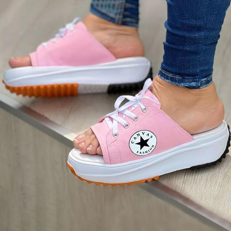 Sandalias con cordones de lona con punta abierta para uso diario informal a la moda para mujer
