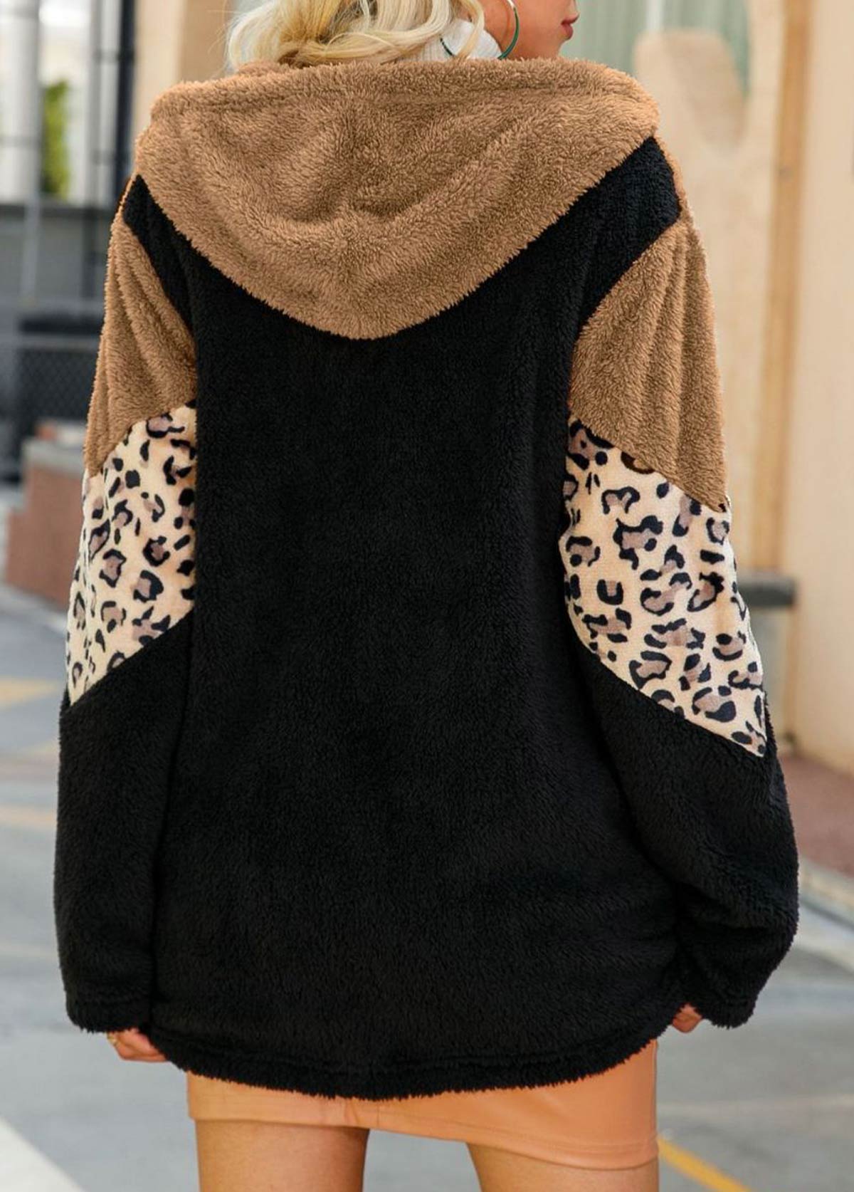 Black Patchwork Leopard Long Sleeve Hooded Coat