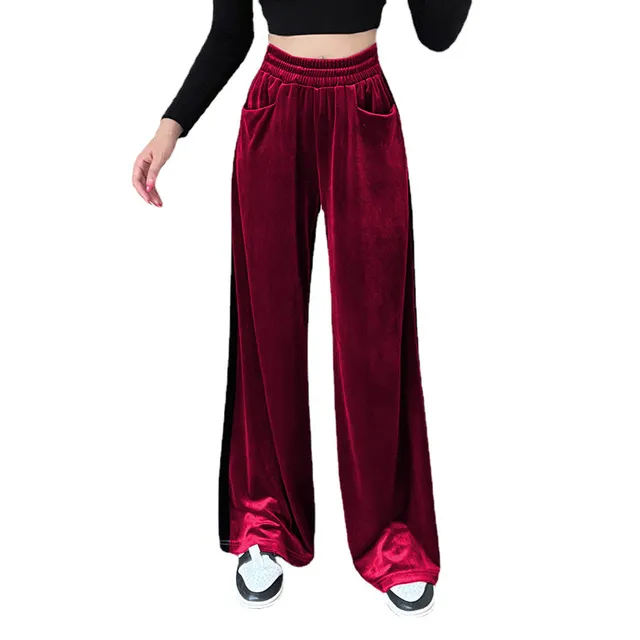 Womens Velvet Pants Wide Leg Y2K Elastic Waist Loose Baggy Lounge Athletic Trousers Jogger Sweatpants with Pockets