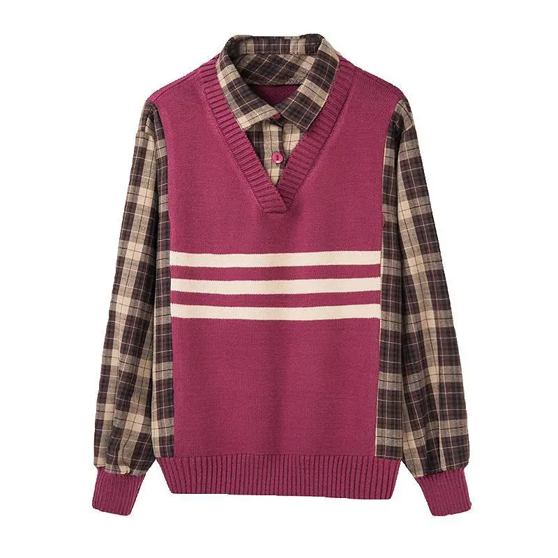 England Plaid Blouse Autumn Winter Fake Two Pieces Knitted Patchwork Women's Clothing Loose Commute Polo-Neck Long Sleeve Shirt