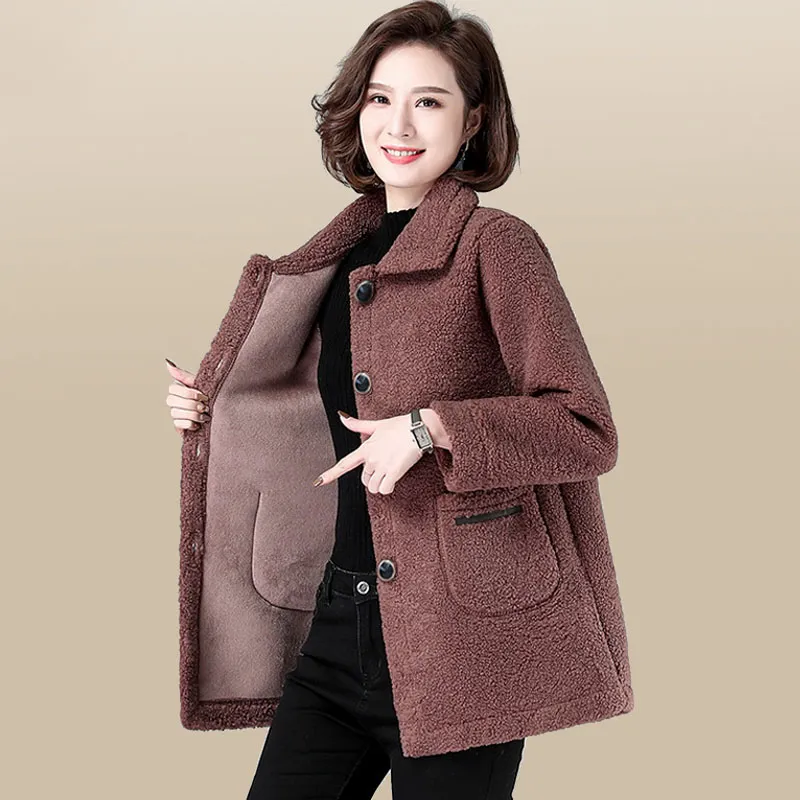 Lamb Wool Women's Coat 2023 New Autumn Winter Sheep Shearing Furry Warm Jacket Middle-Aged Elderly Mothers Jacket Outerwear 5XL