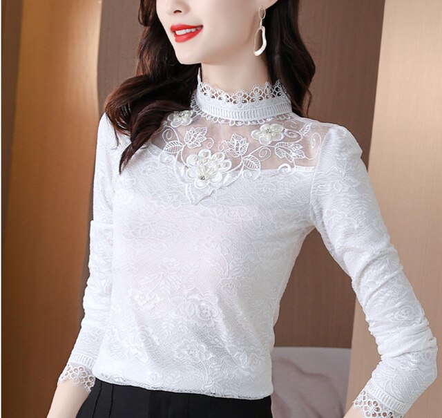 M-5XL Spring Autumn Women clothing Hot Sale Lace Blouse Shirt Patchwork Beaded Mesh Tops Long sleeve Women shirt