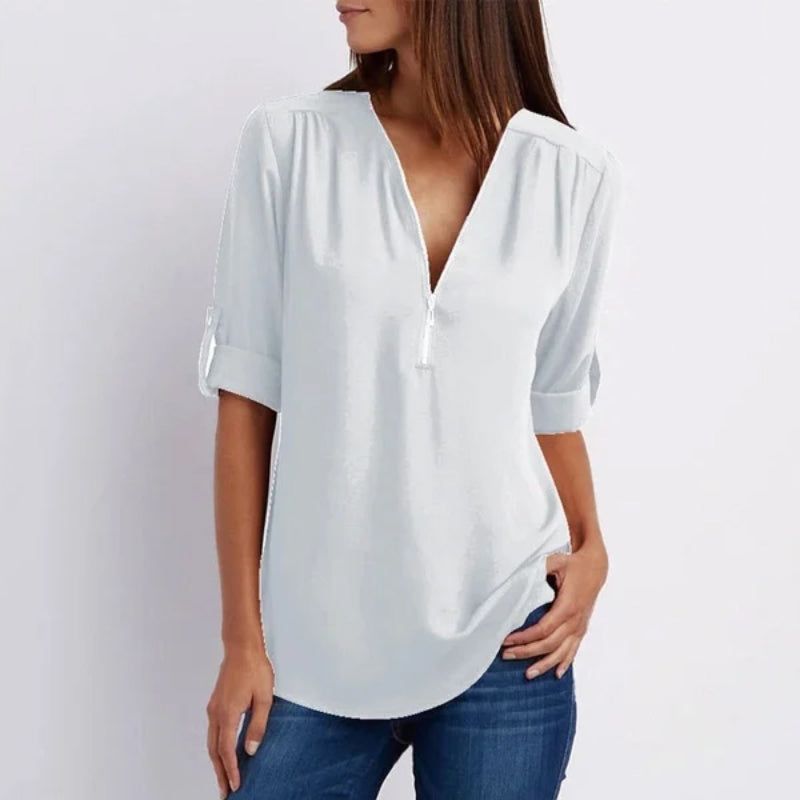 Camisa casual de mujer con cremallera y cuello en V- Compre 3 envío gratis?