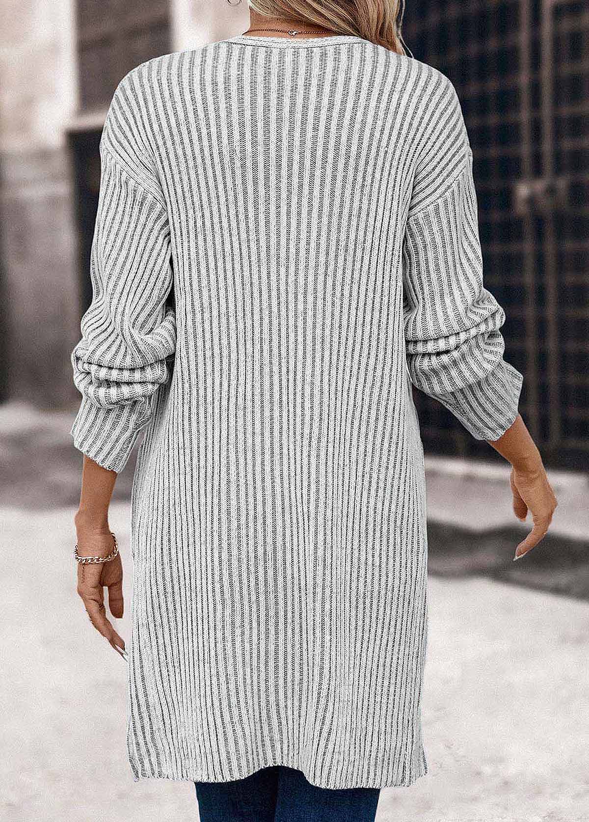 Light Grey Pocket Long Sleeve V Neck Coat