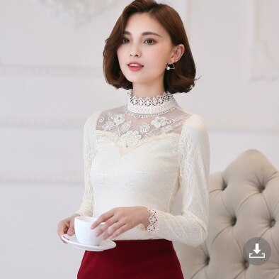 M-5XL Spring Autumn Women clothing Hot Sale Lace Blouse Shirt Patchwork Beaded Mesh Tops Long sleeve Women shirt