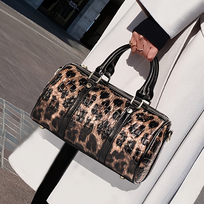 Leopard Print Leather Handbag, Women Large Capacity Boston Bag, Luxury Stylish Crossbody Bag