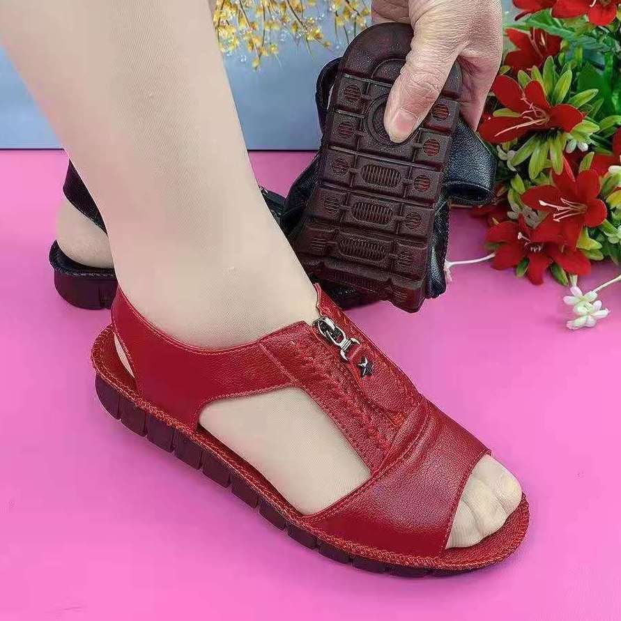 Sandalias planas de cuero suave con cremallera y suela cómoda: regalo perfecto para mamá y abuela