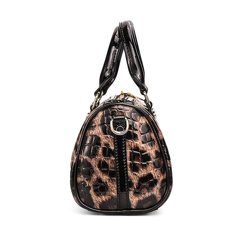 Leopard Print Leather Handbag, Women Large Capacity Boston Bag, Luxury Stylish Crossbody Bag