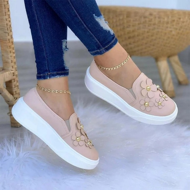 Nuevo estilo de punta redonda de gran tamaño de las mujeres casuales zapatos individuales de color sólido flores mocasines de plataforma baja