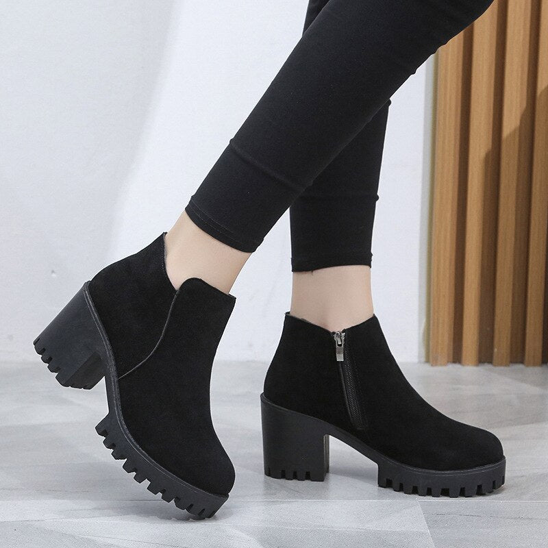 Botas Cortas De Tacón Grueso y Terciopelo