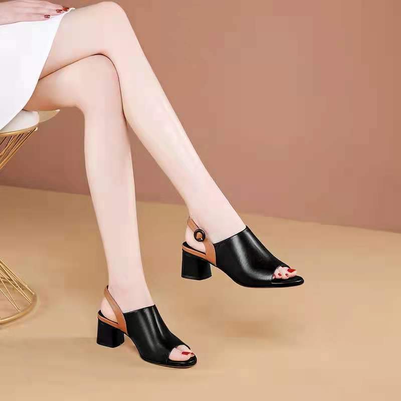 sandalias de piel de moda con tacón grueso para mujer