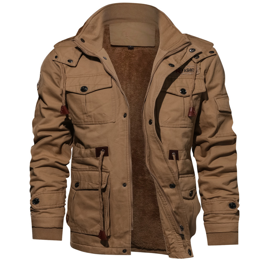 Men's Drawstring Pockets Plus Velvet Padded Tooling Washed Jacket