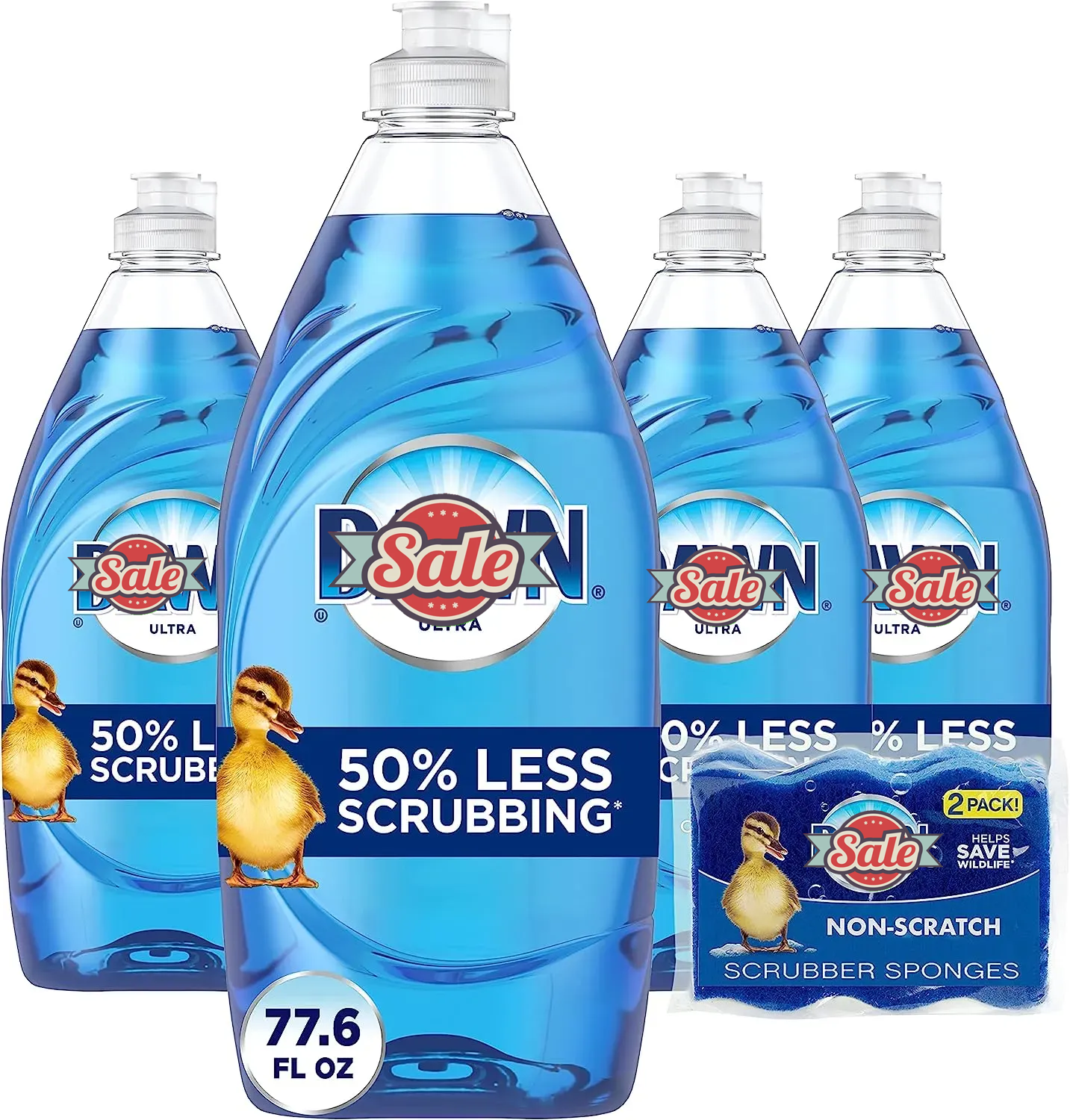 Dishwashing Liquid Dish Soap (4x19.4 Fl oz) + Non-Scratch Sponge (2 Count), Original Scent