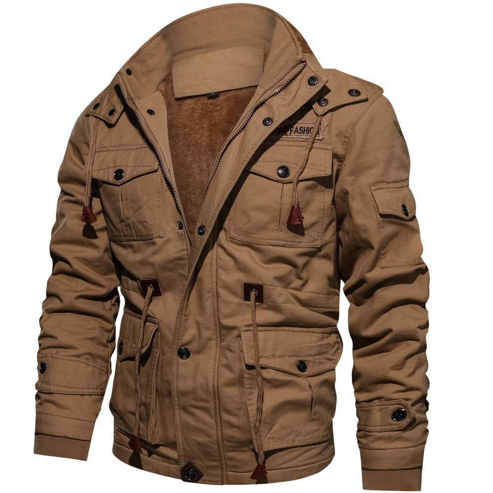 Men's Drawstring Pockets Plus Velvet Padded Tooling Washed Jacket