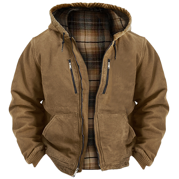 Men's Vintage Outdoor Tactical Plaid Lined Hooded Jacket