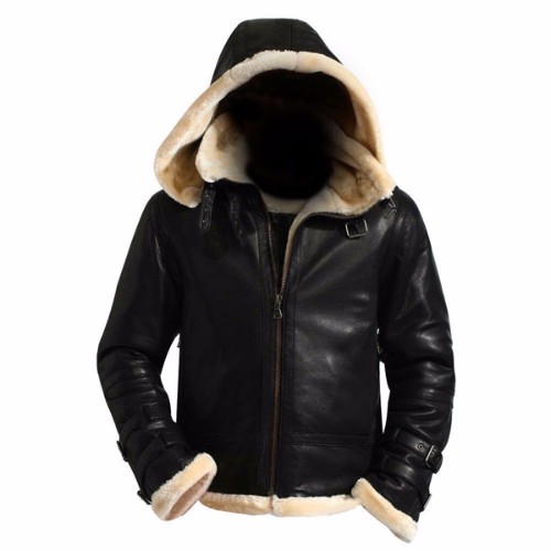 Mens Black B3 Hooded Shearling Genuine Real Leather Jacket