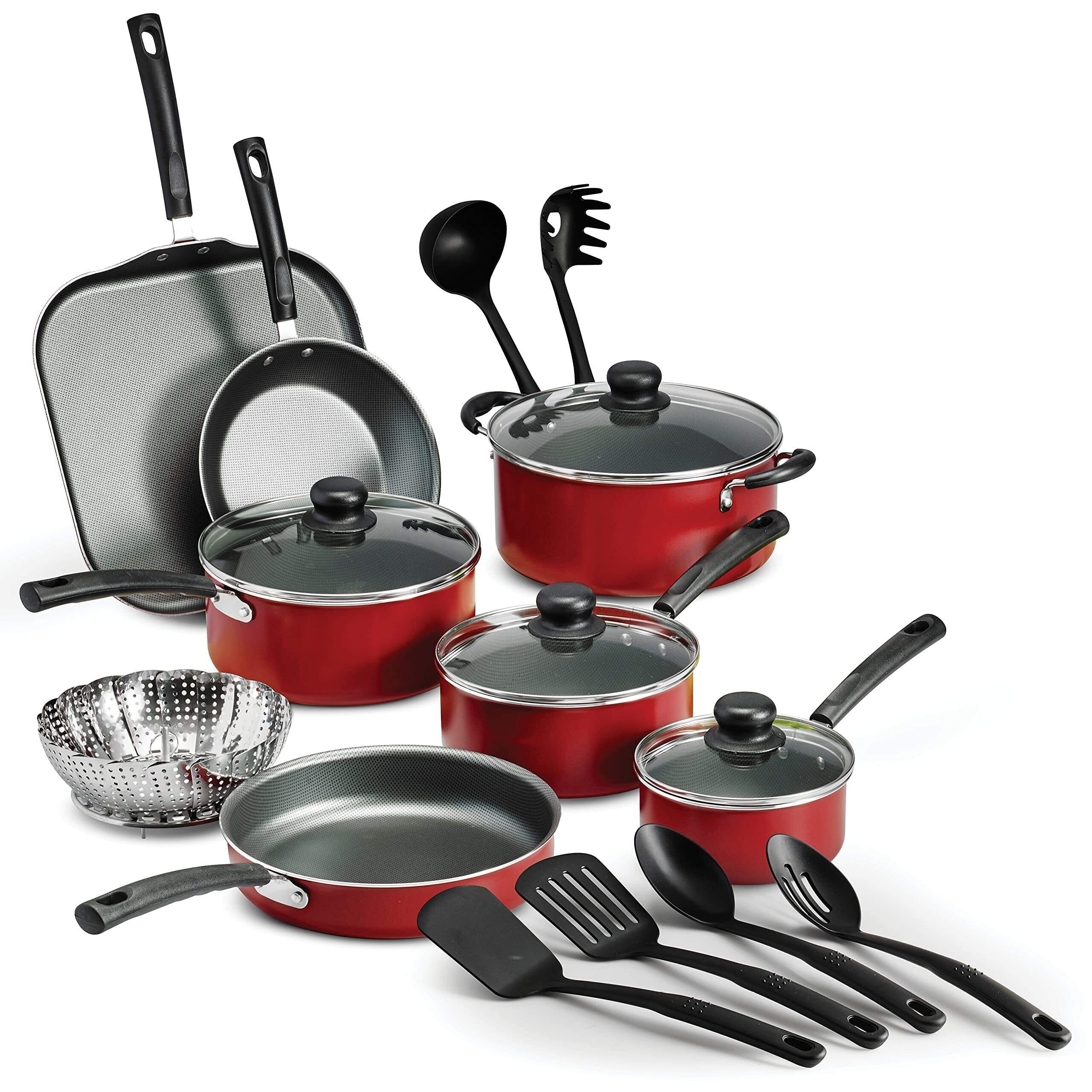 18 Piece Nonstick Pots & Pans Cookware Set Kitchenware Sets (RED)