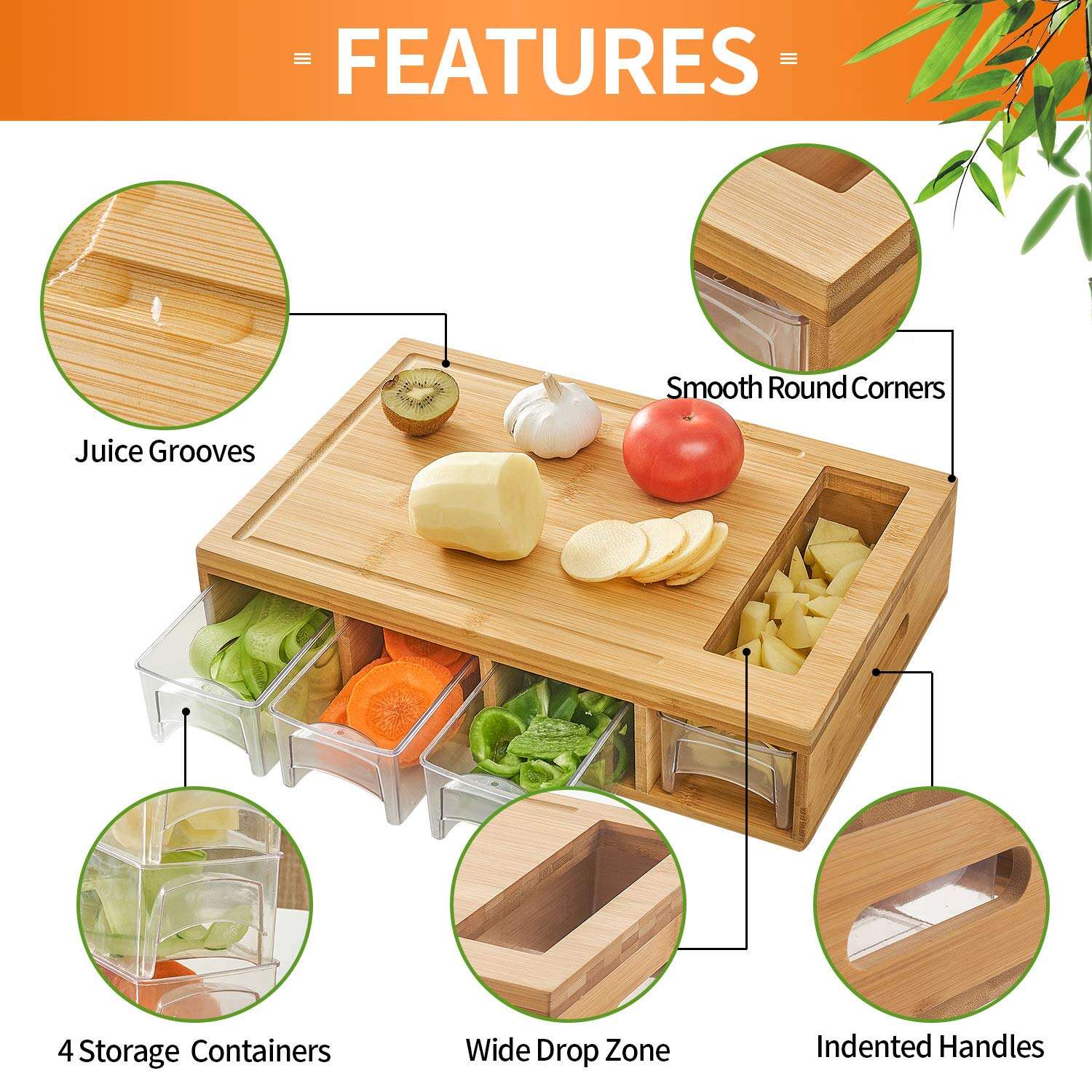 Tábua de cortar bambu com recipiente, tampa e ralador