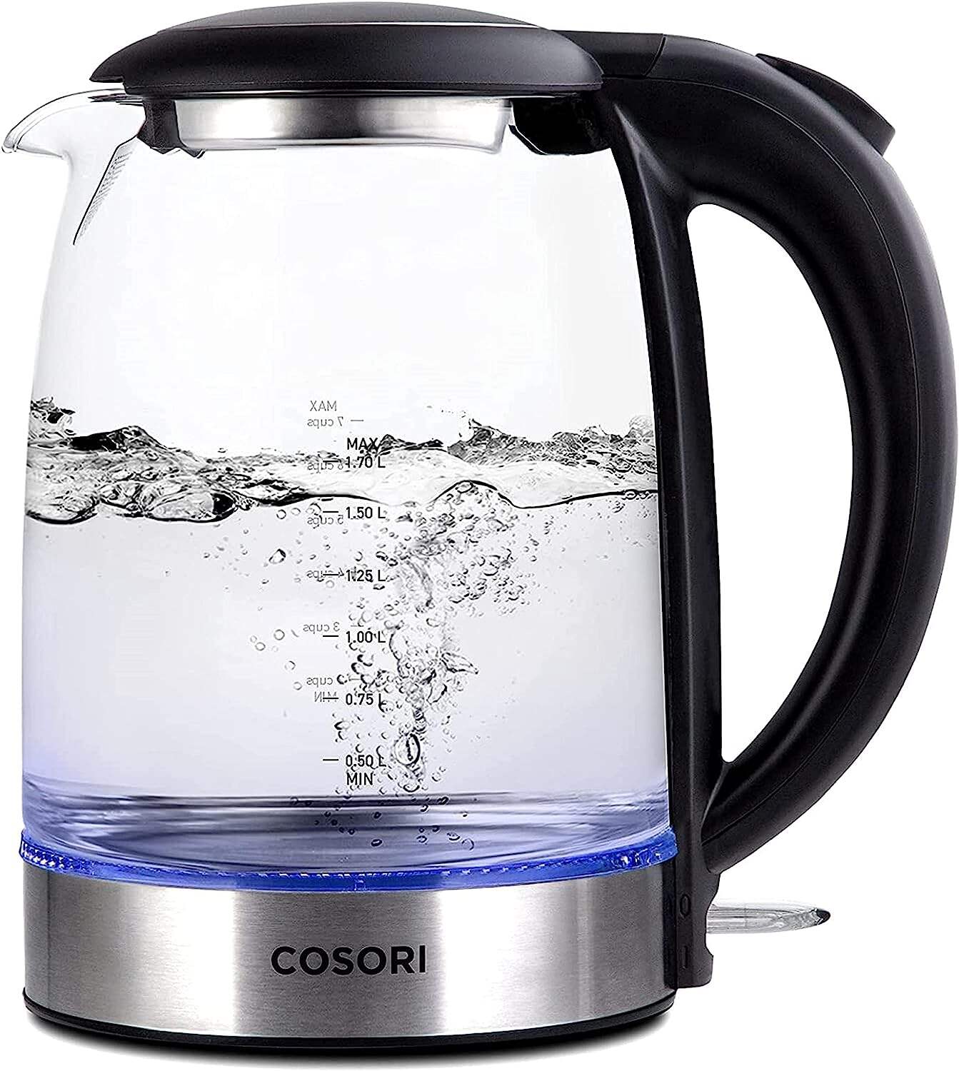 Electric Kettle with Stainless Steel Filter and Inner Lid, 1500W Wide Opening 1.7L Glass Tea Kettle & Hot Water Boiler, LED Indicator Auto Shut-Off & Boil-Dry Protection, BPA Free, Matte Black