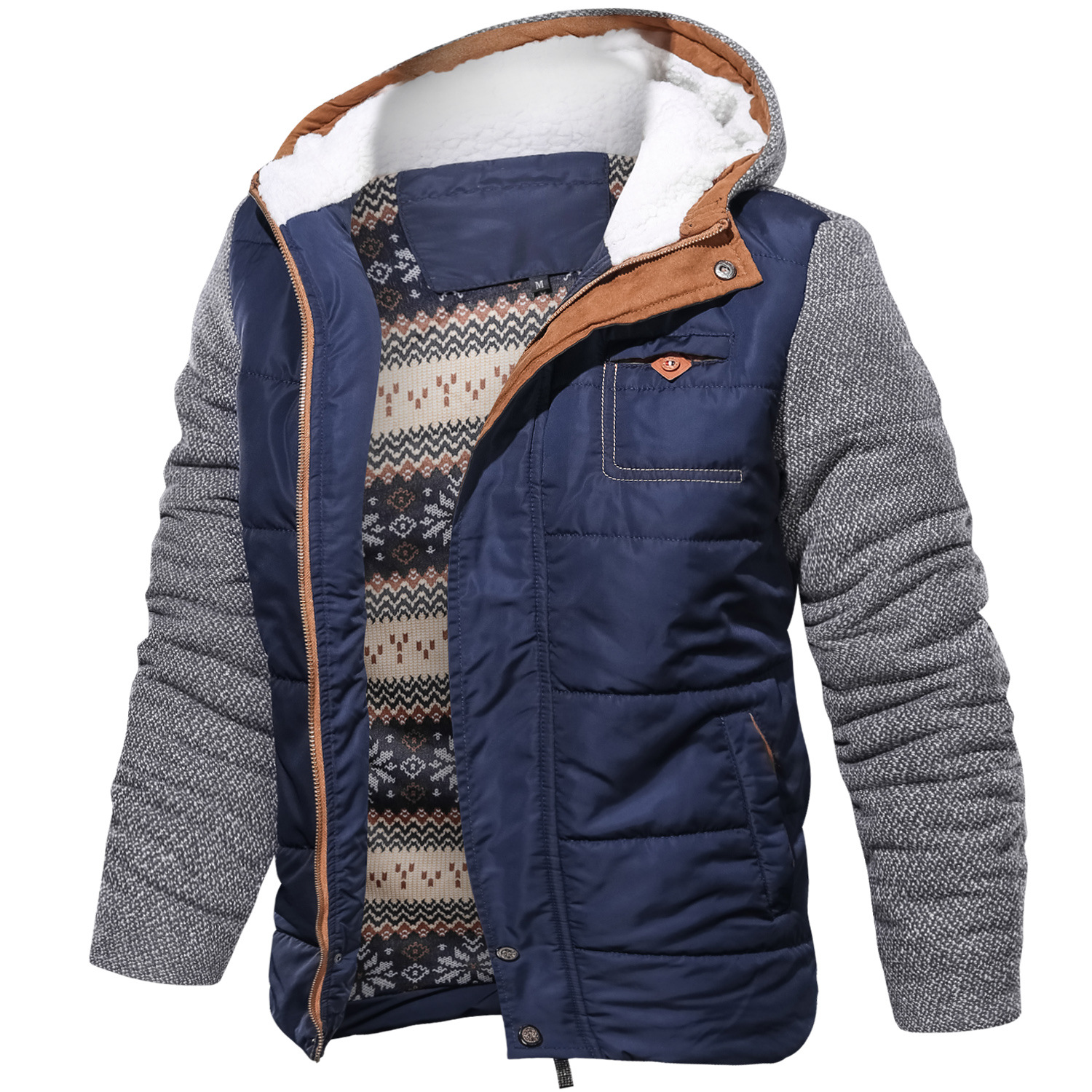 Men's Casual Stitching Warm Hooded Cotton Coat