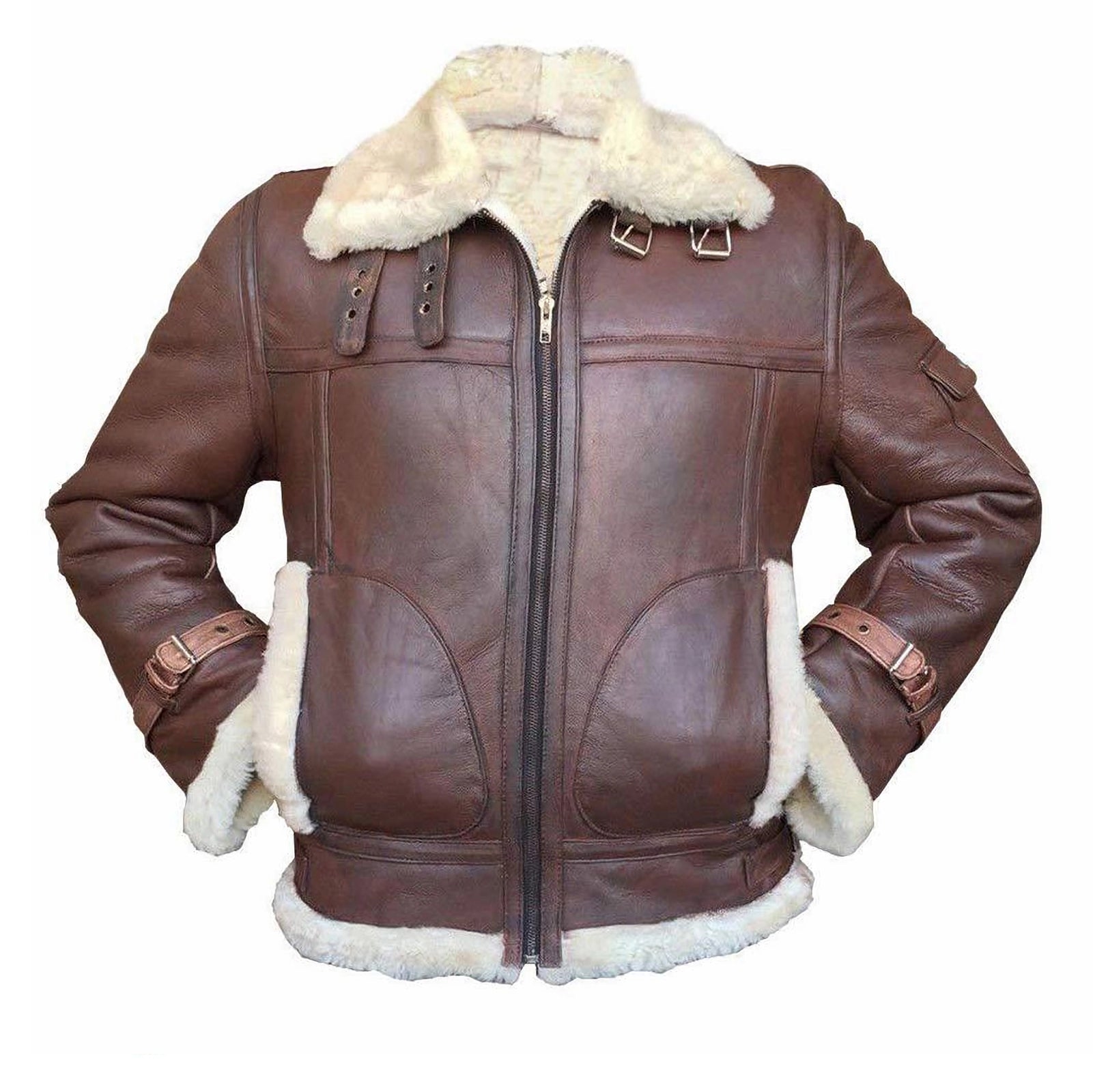 Handmade Mens Flying Shearling Leather Jacket with Fur