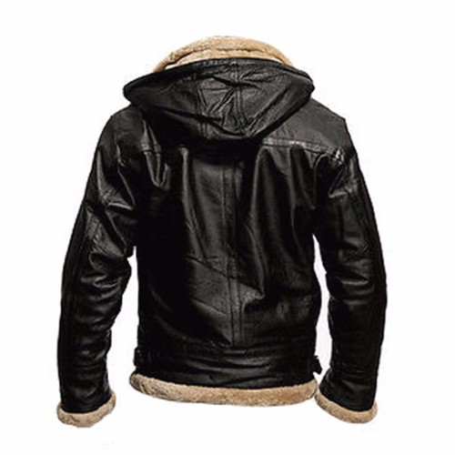 Mens Black B3 Hooded Shearling Genuine Real Leather Jacket