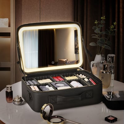 Makeup Bag with Lighted Mirror. Travel Make up Train Case with Adjustable LED