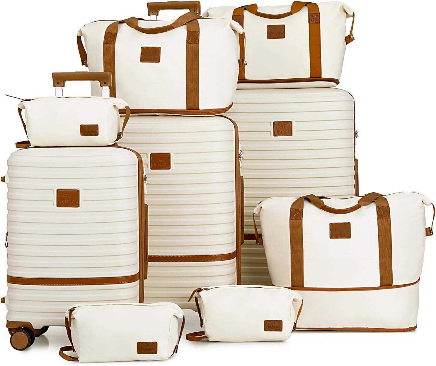 Joyway - Juego de maletas de 3 piezas con rueda giratoria. laggage de viaje expandible Hardside con cerradura TSA (20/24/28)... Blanco/Marrón. 9 piece set. Juego de maletas con rueda giratoria