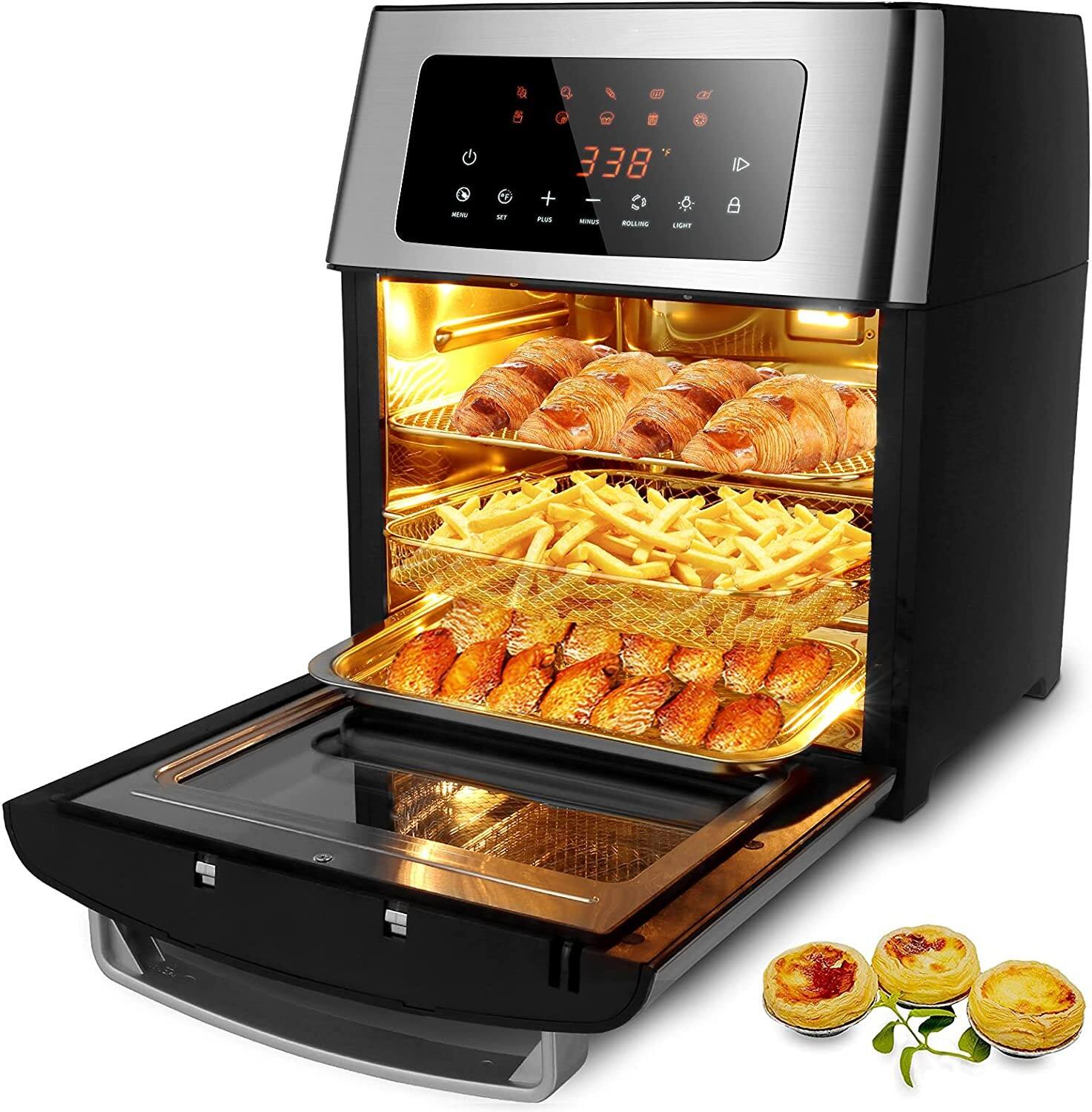 Air Fryer Toaster Oven Combo 16 Quart. 1500W Countertop Convection Roaster with 10 in 1 Smart Cook Presets. Rotisserie. Dehydrator. Rolling Lock Function with 5 Accessories Auto Shut Off