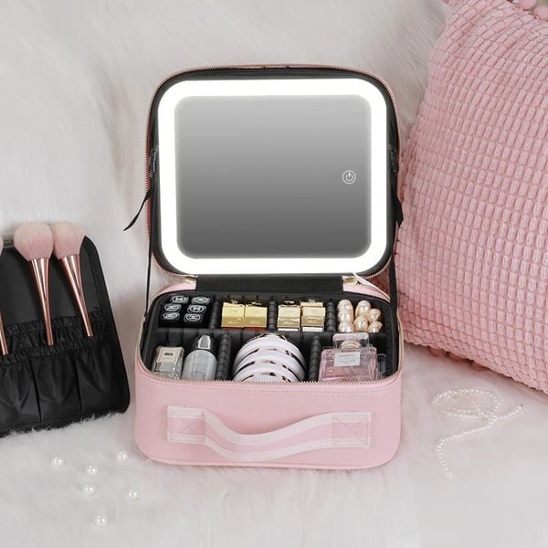 Makeup Bag with Lighted Mirror. Travel Make up Train Case with Adjustable LED