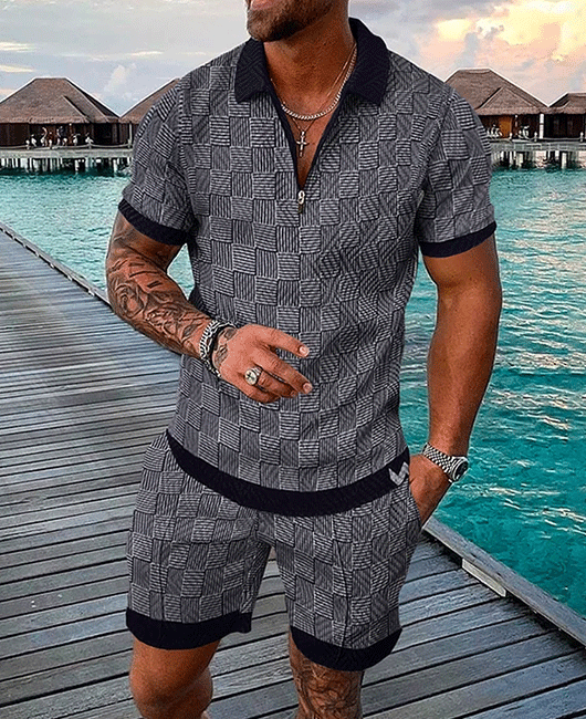 Casual Plaid Zipper Lapel Collar Short Sleeve Shirt & Shorts 2Pcs Set