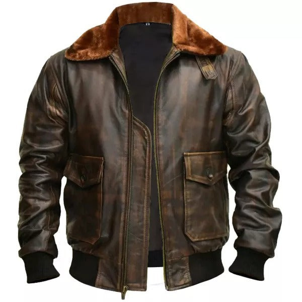 Mens Aviator Bomber Flight Jacket Distressed Brown Leather Jacket