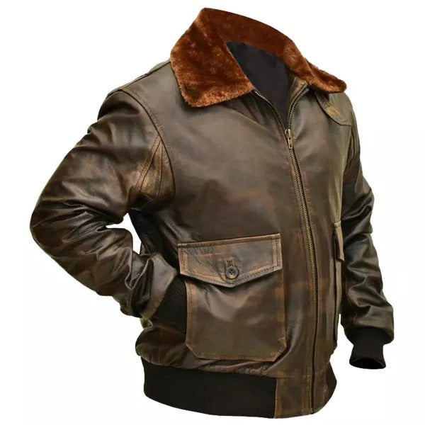 Mens Aviator Bomber Flight Jacket Distressed Brown Leather Jacket