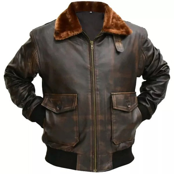 Mens Aviator Bomber Flight Jacket Distressed Brown Leather Jacket