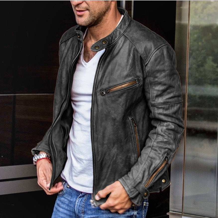 Stand Collar Punk Men's Biker Vintage Leather Jacket