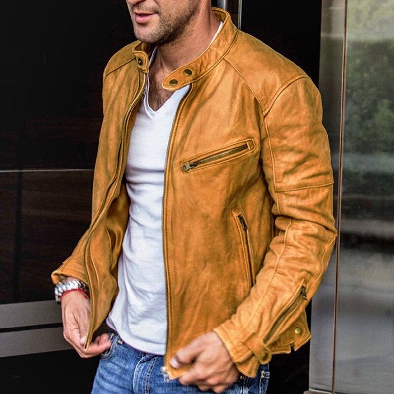 Stand Collar Punk Men's Biker Vintage Leather Jacket