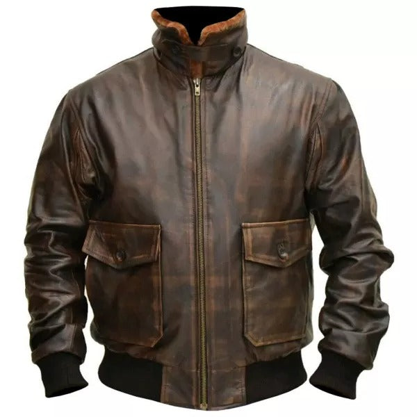 Mens Aviator Bomber Flight Jacket Distressed Brown Leather Jacket