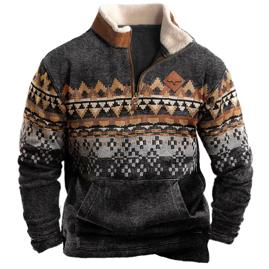 Men's Vintage Western Ethnic Style Zipper Stand Collar Sweatshirt