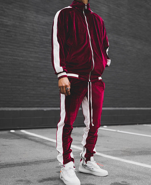 Golden Velvet Contrast Side Seam Zip Coat & Pants Set