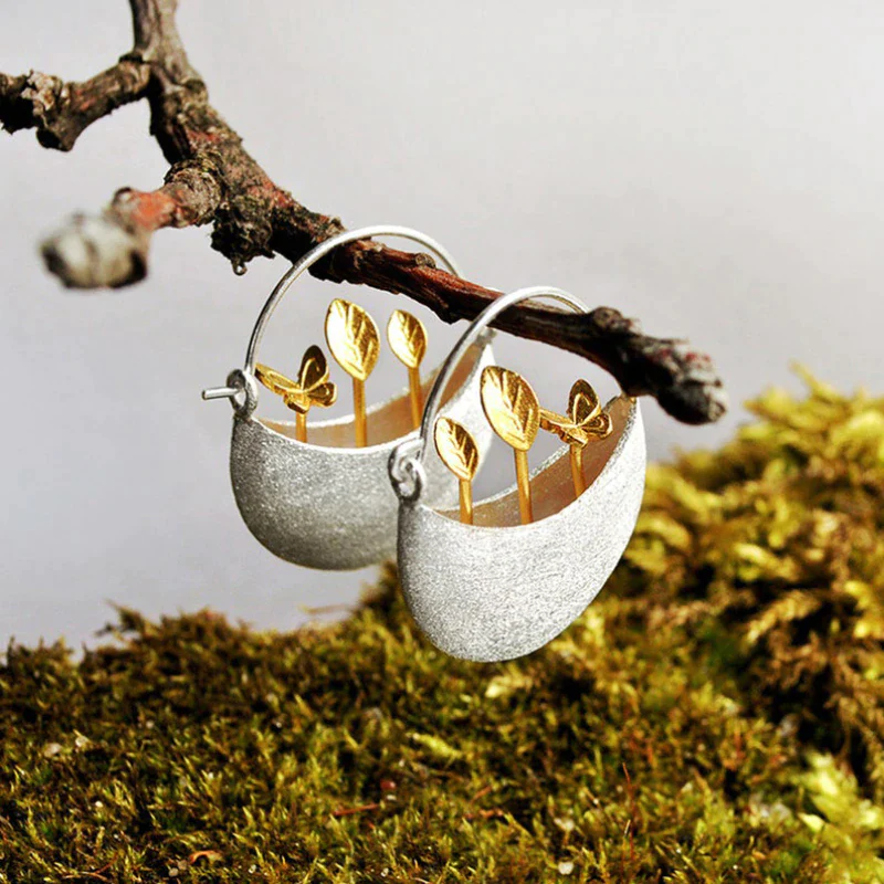 Aretes Cesta Floral de Plata Dorada